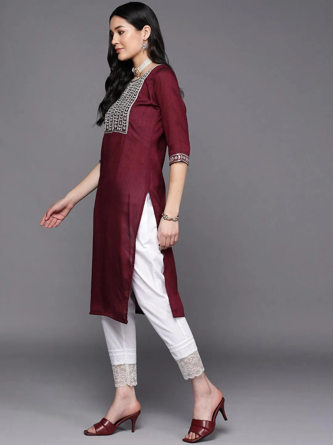 Purple Yoke Design Silk Straight Kurta - Libas