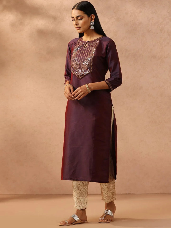 Purple Yoke Design Silk Straight Kurta - Libas