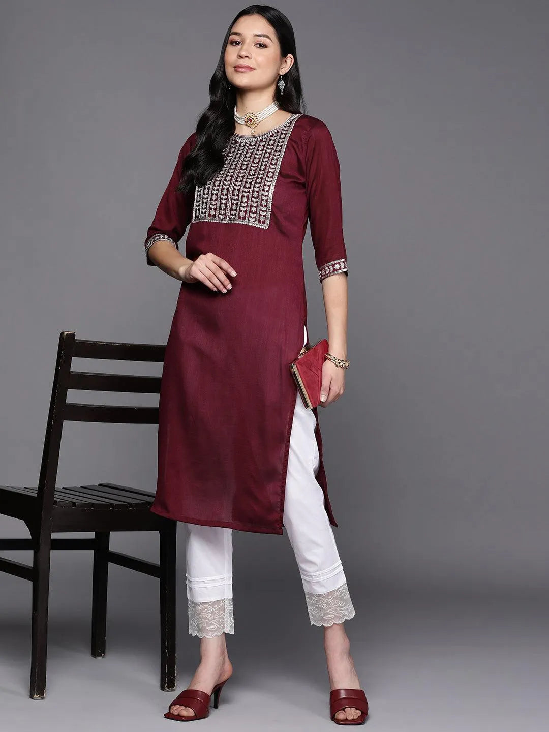 Purple Yoke Design Silk Straight Kurta - Libas 