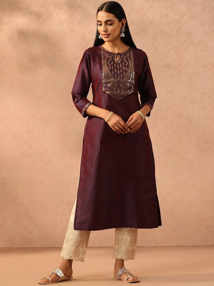 Purple Yoke Design Silk Straight Kurta - Libas