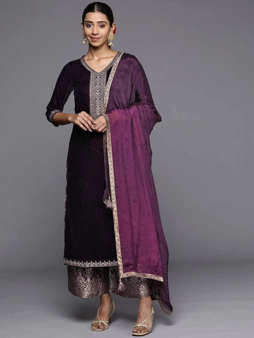 Purple Yoke Design Velvet Straight Suit Set - Libas 