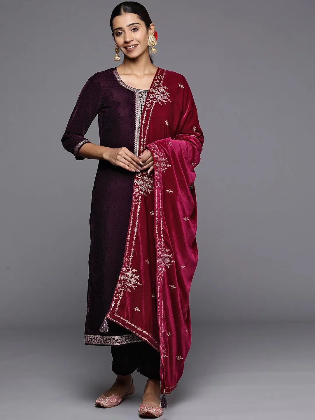 Purple Yoke Design Velvet Straight Suit Set - Libas 