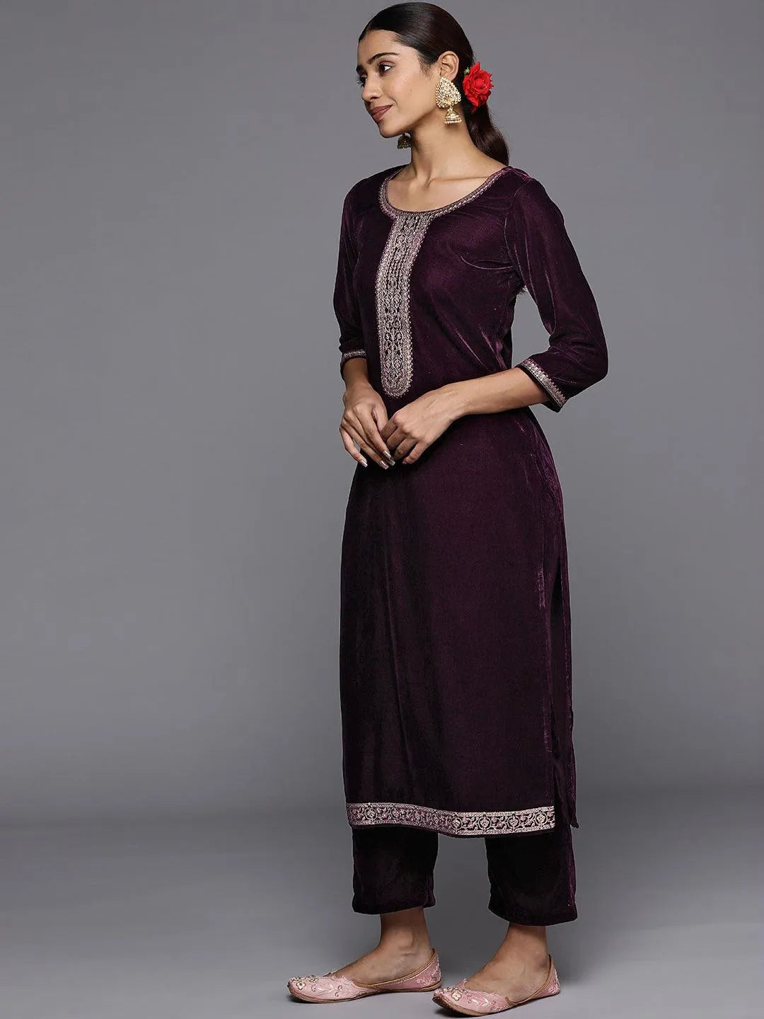 Purple Yoke Design Velvet Straight Suit Set - Libas 