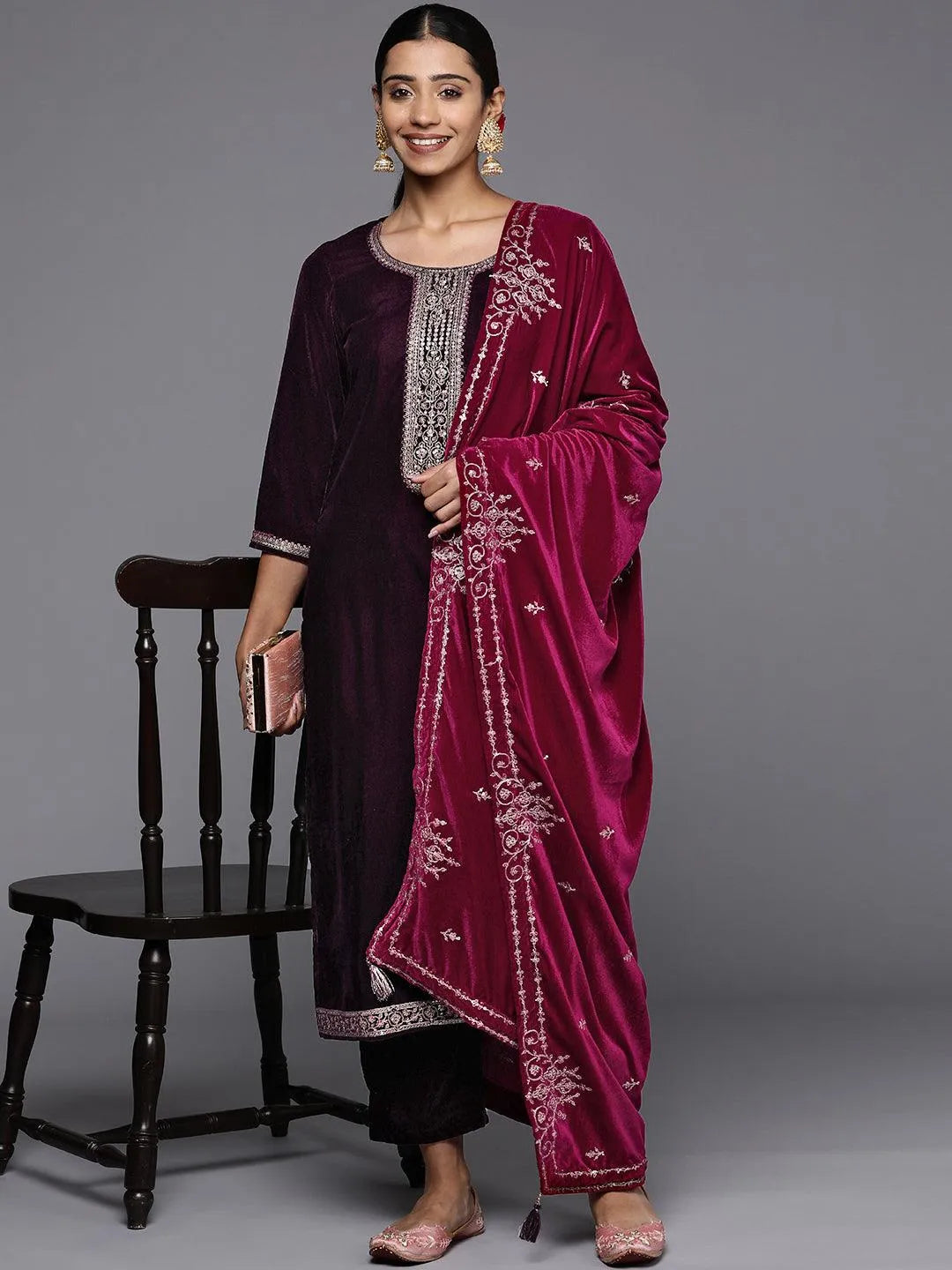 Purple Yoke Design Velvet Straight Suit Set - Libas 