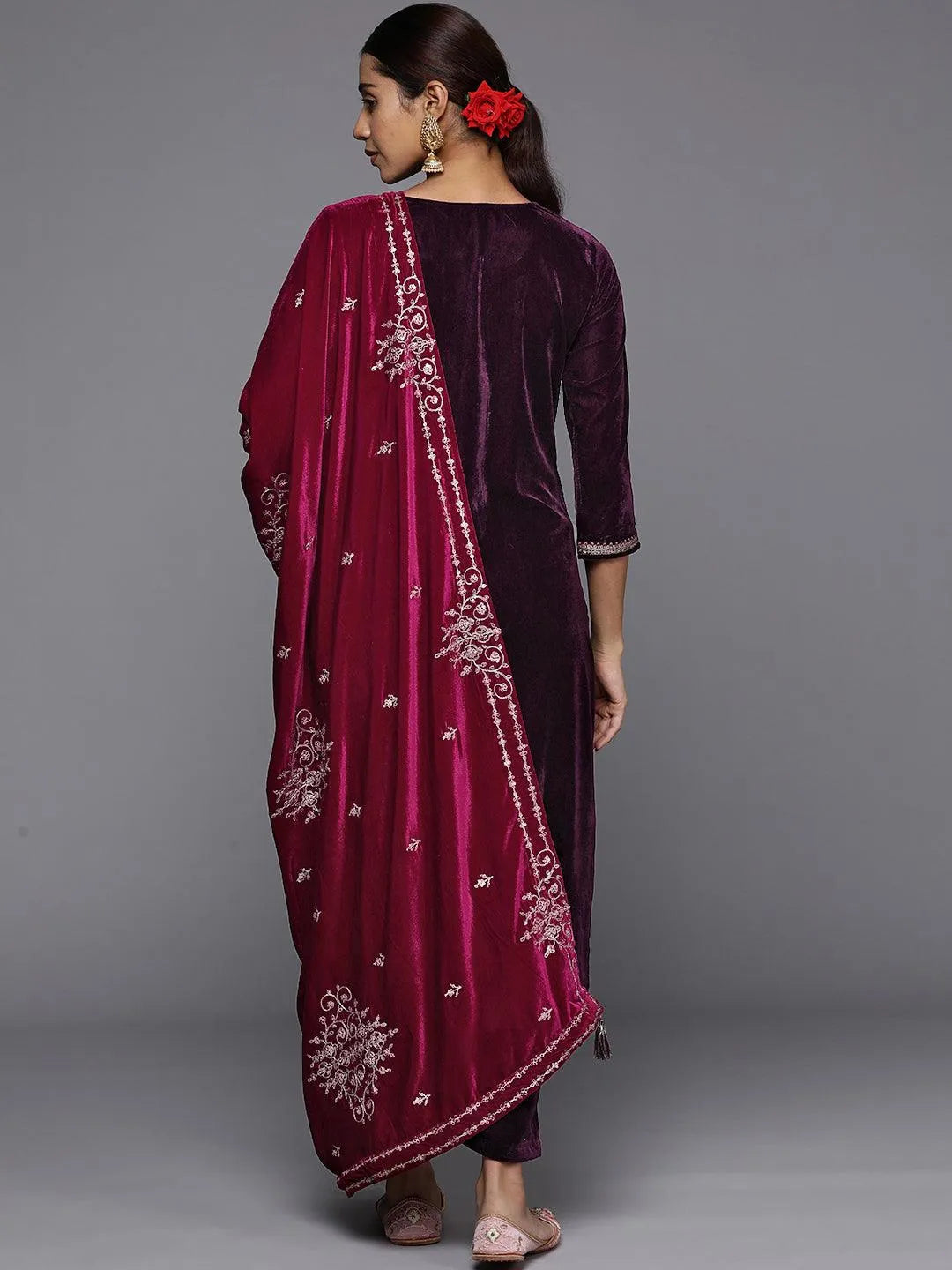 Purple Yoke Design Velvet Straight Suit Set - Libas 