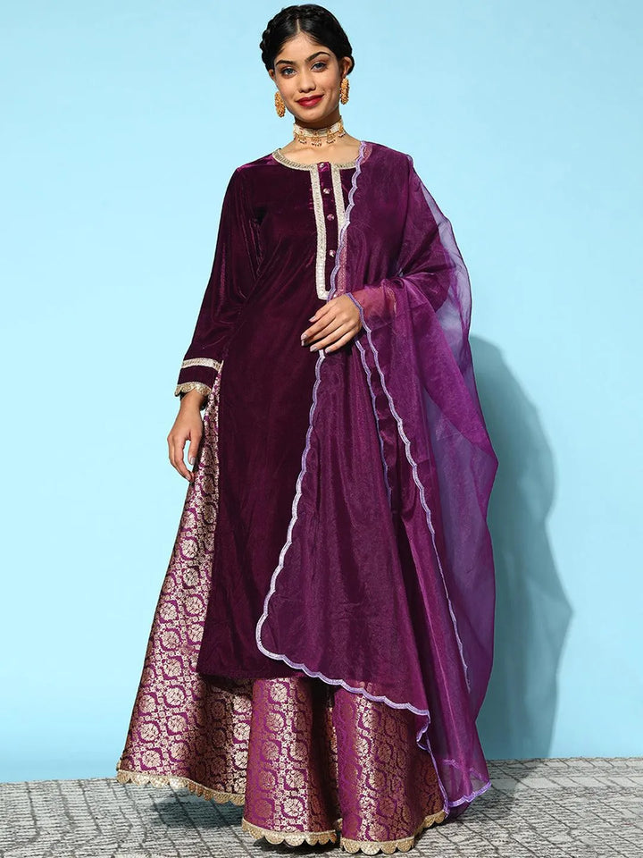 Purple Yoke Design Velvet Straight Suit Set - Libas