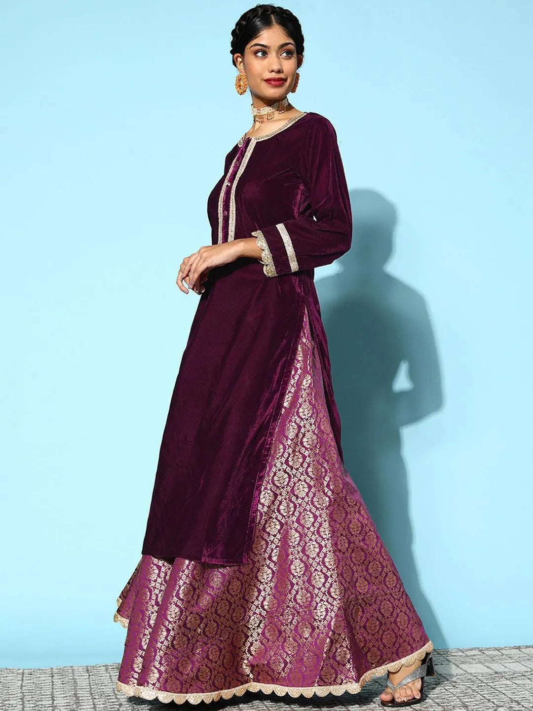 Purple Yoke Design Velvet Straight Suit Set - Libas 