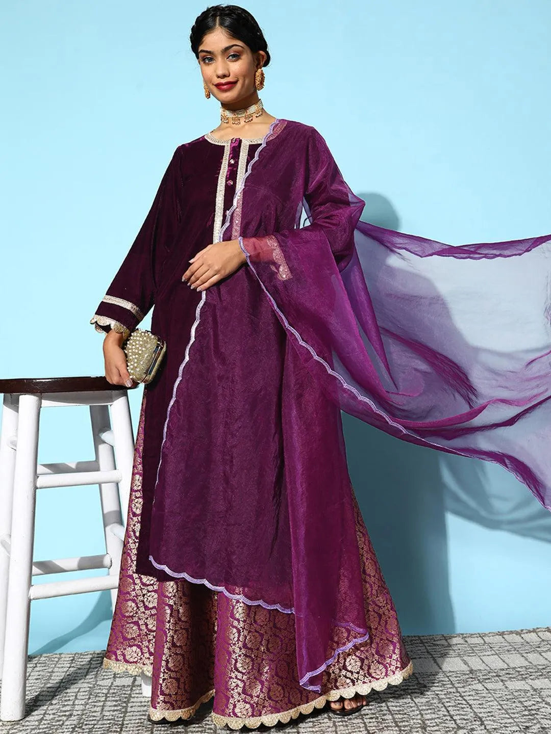 Purple Yoke Design Velvet Straight Suit Set - Libas 