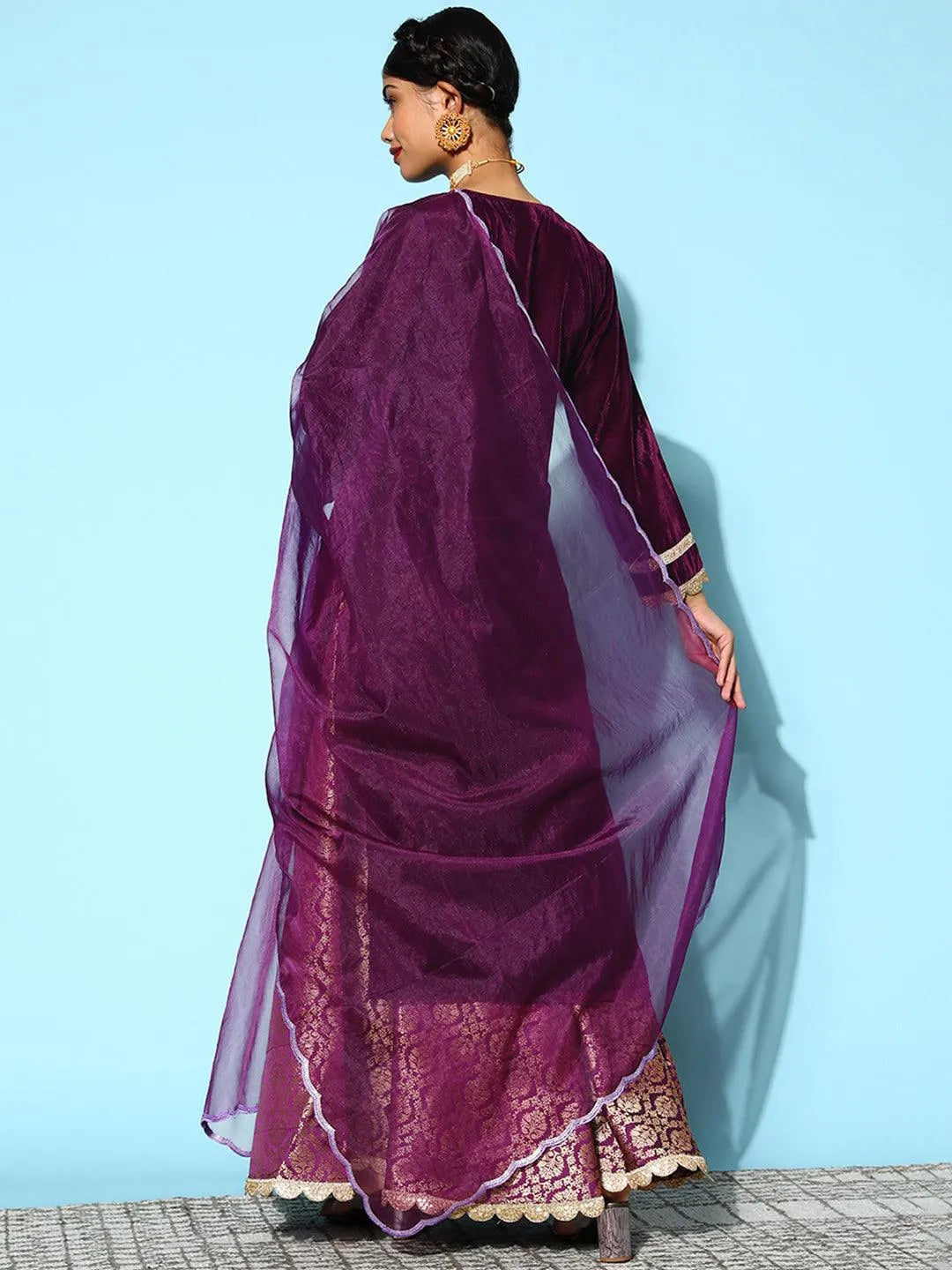 Purple Yoke Design Velvet Straight Suit Set - Libas 