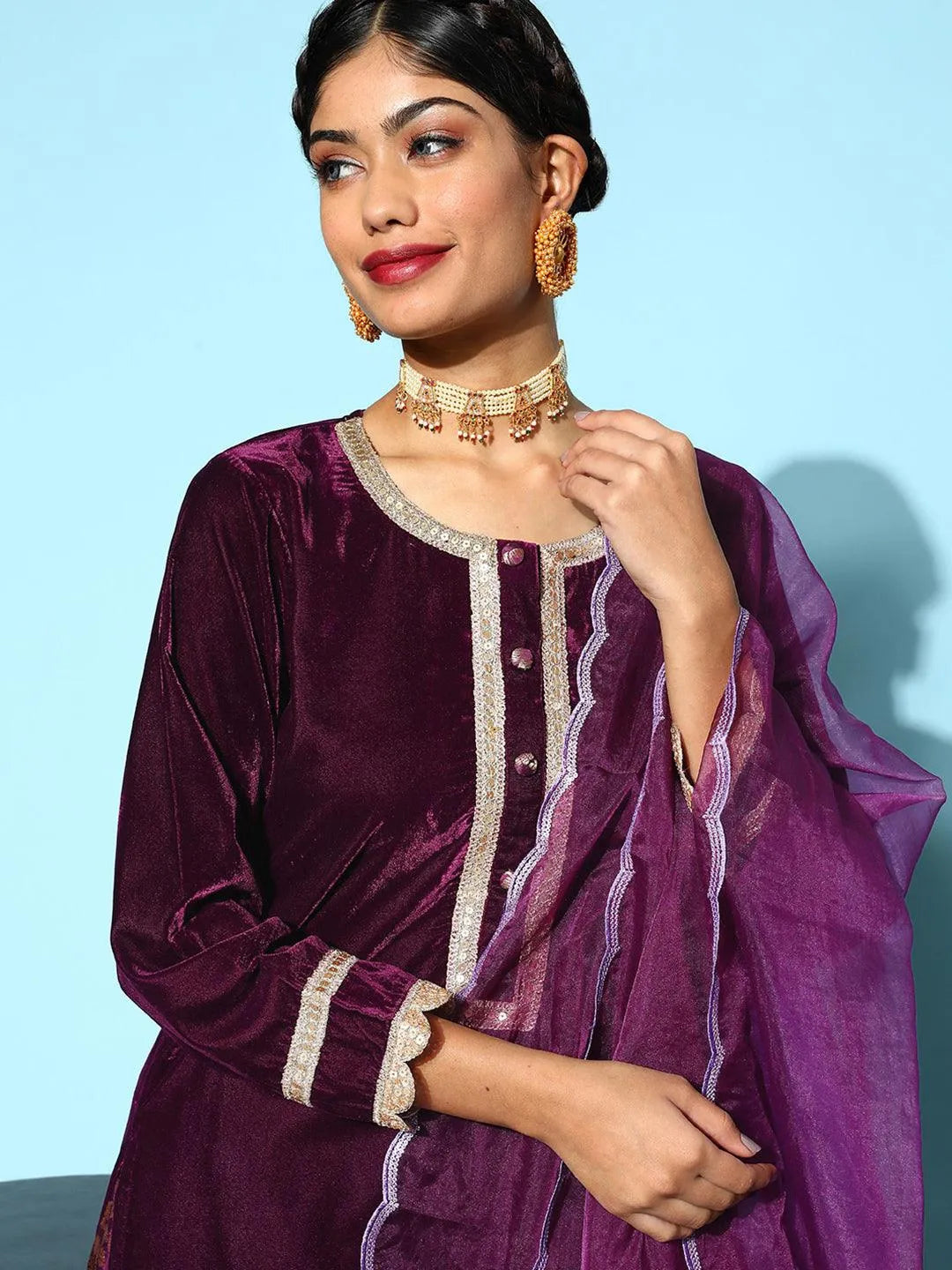 Purple Yoke Design Velvet Straight Suit Set - Libas 