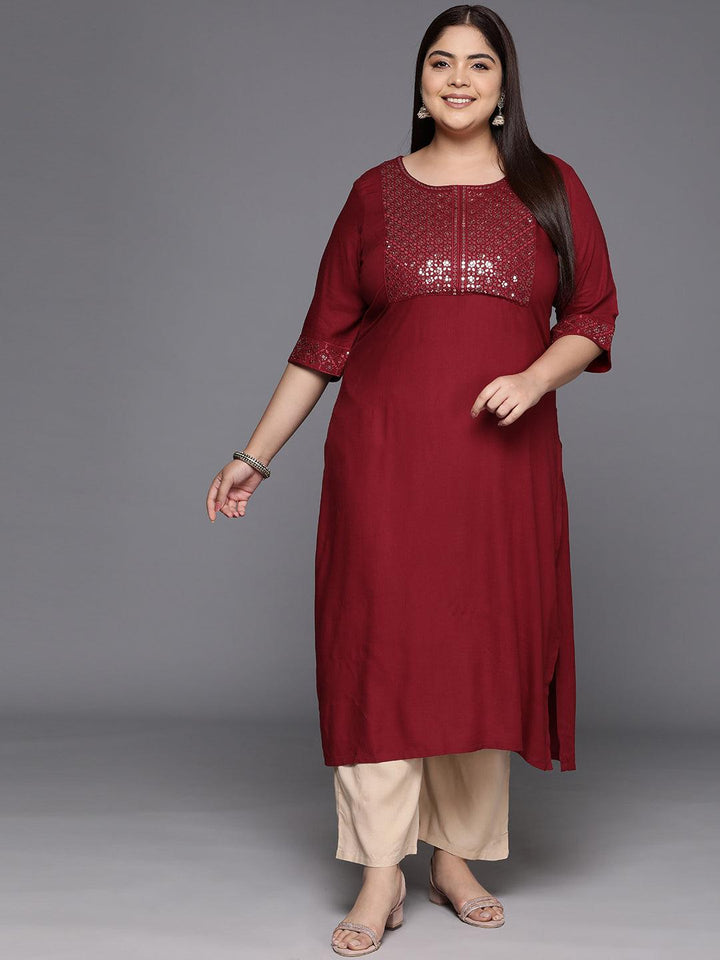 Pus Size Maroon Yoke Design Rayon Straight Kurta - Libas