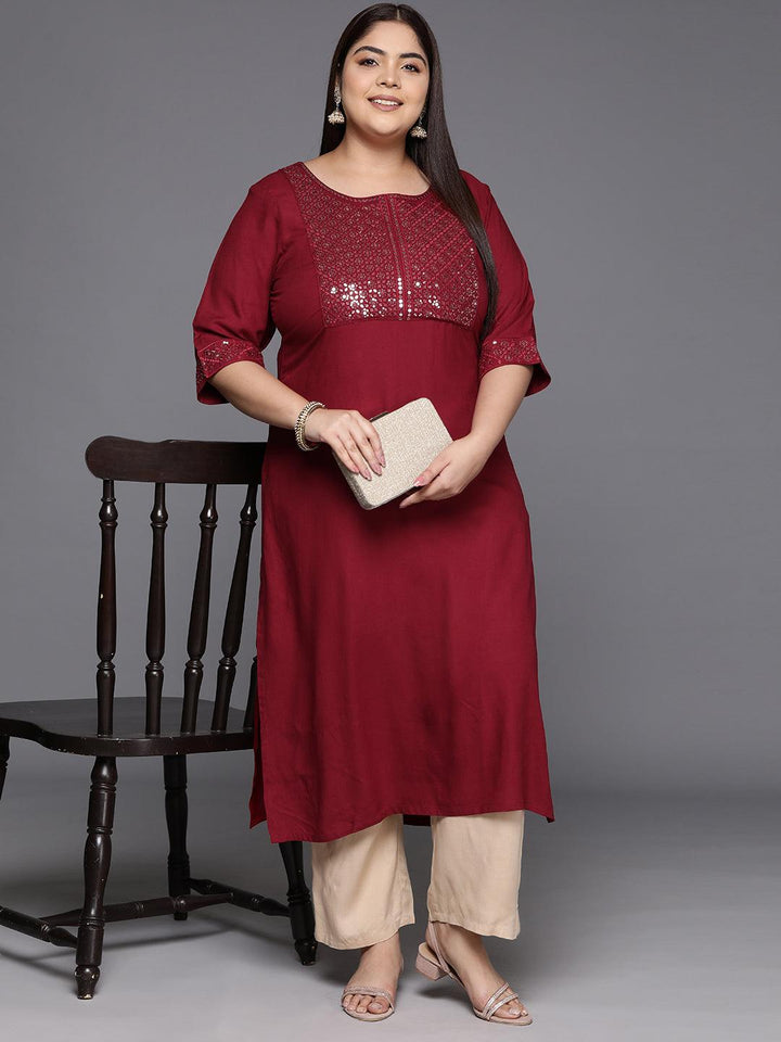 Pus Size Maroon Yoke Design Rayon Straight Kurta - Libas