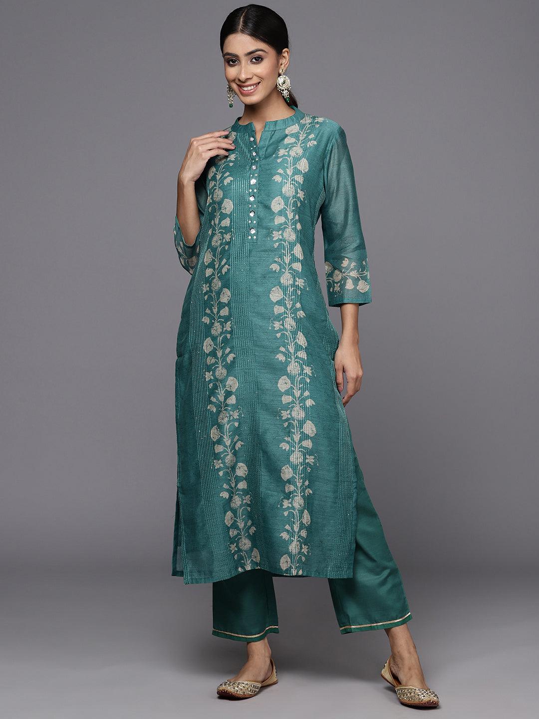 Rama Green Embroidered Chanderi Silk Straight Kurta With Trousers - Libas