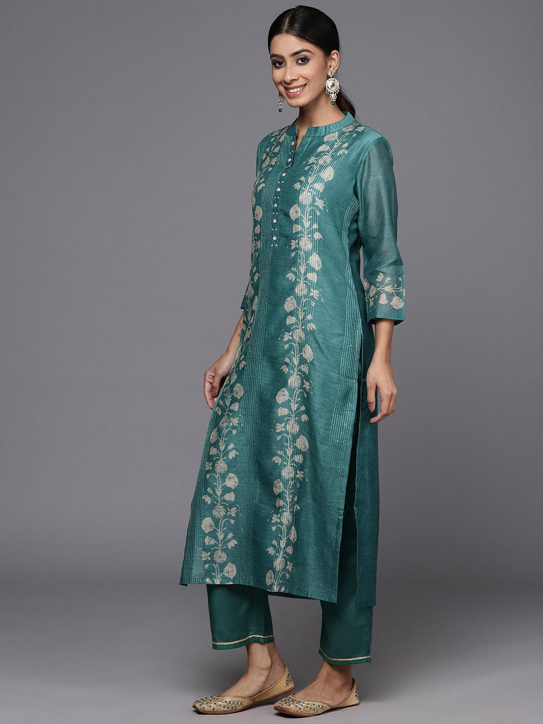 Rama Green Embroidered Chanderi Silk Straight Kurta With Trousers - Libas