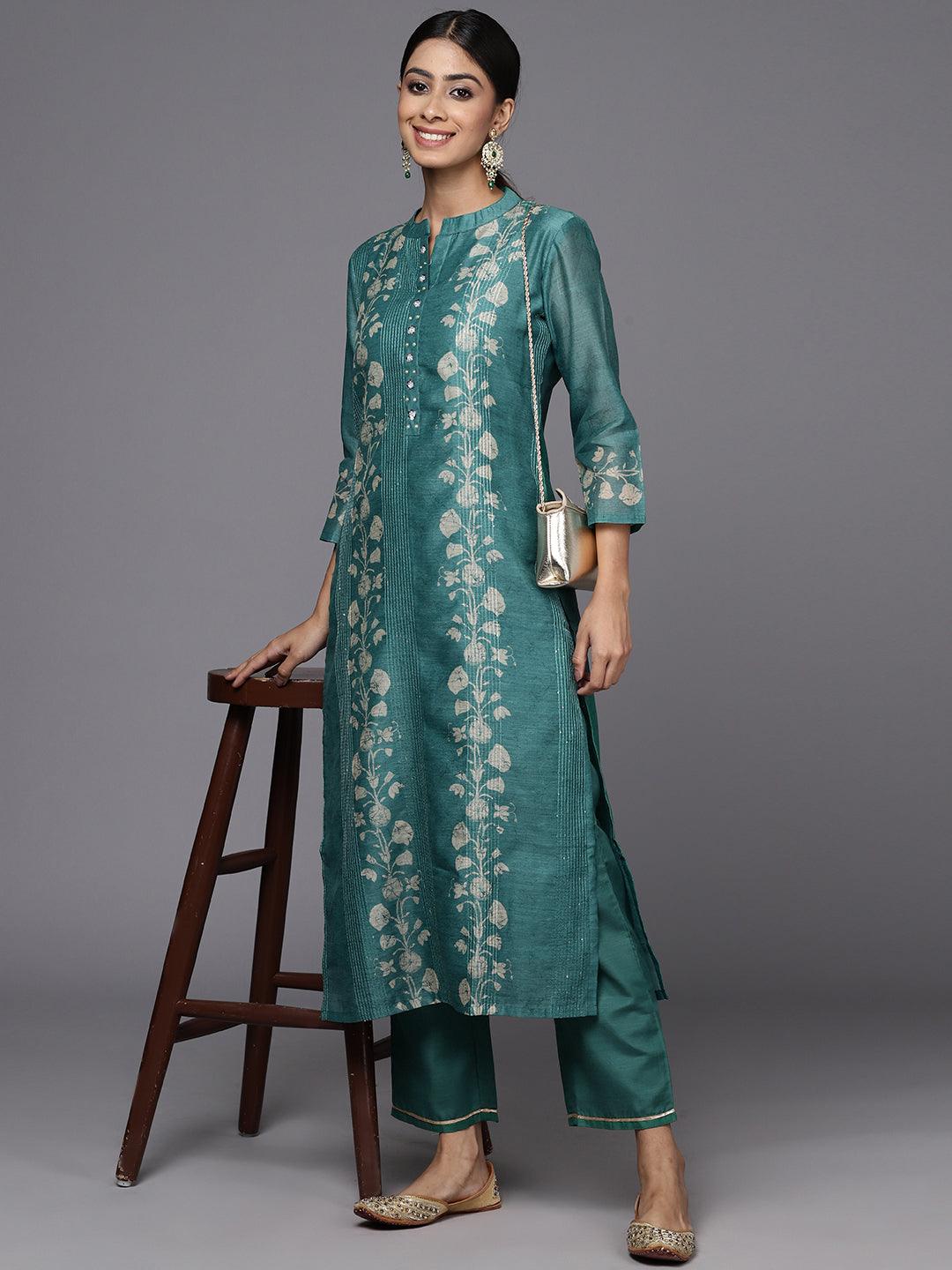 Rama Green Embroidered Chanderi Silk Straight Kurta With Trousers - Libas