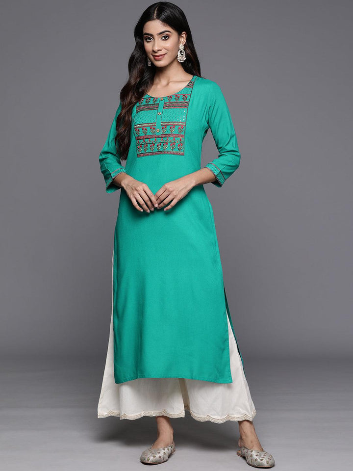 Rama Green Yoke Design Rayon Straight Kurta - Libas