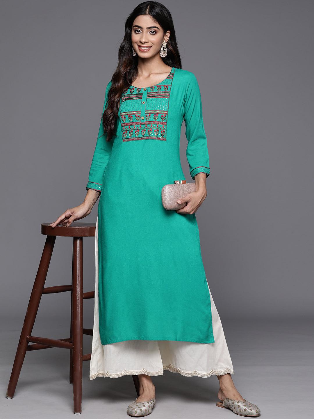 Rama Green Yoke Design Rayon Straight Kurta - Libas