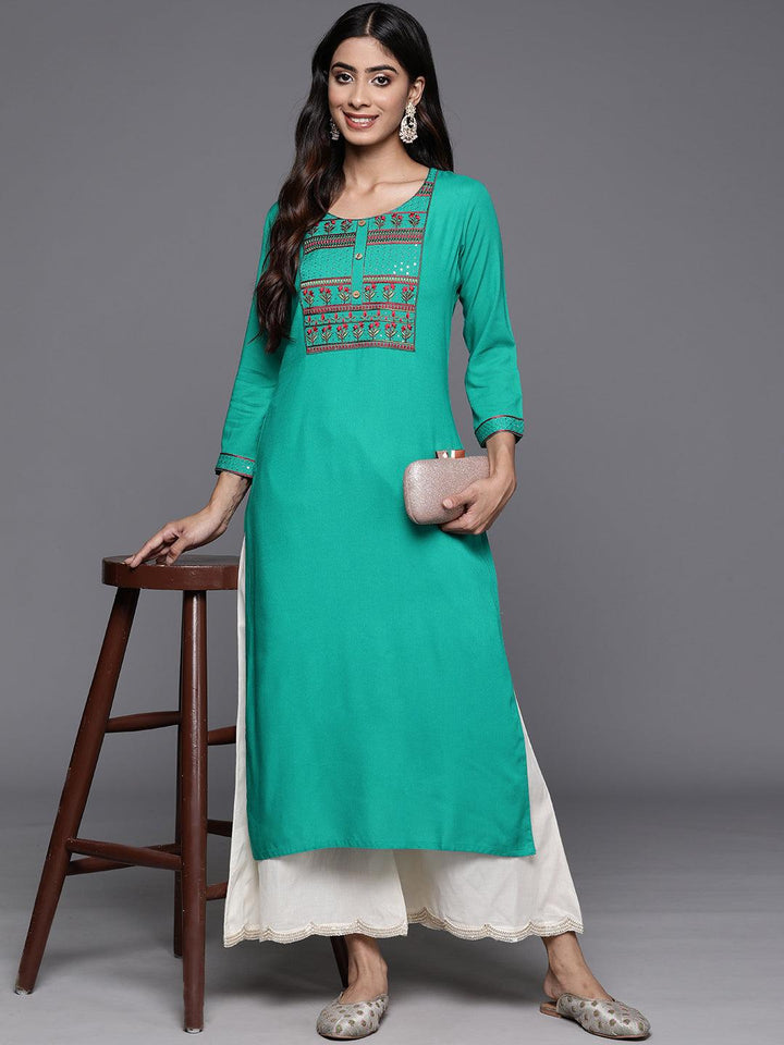 Rama Green Yoke Design Rayon Straight Kurta - Libas