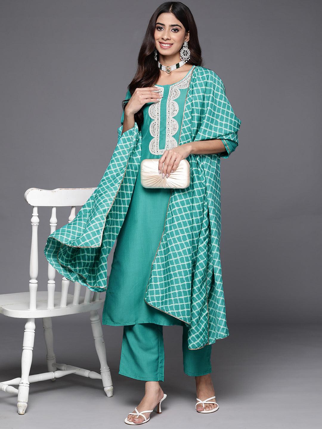 Rama Green Yoke Design Silk Blend Straight Kurta With Trousers & Dupatta - Libas