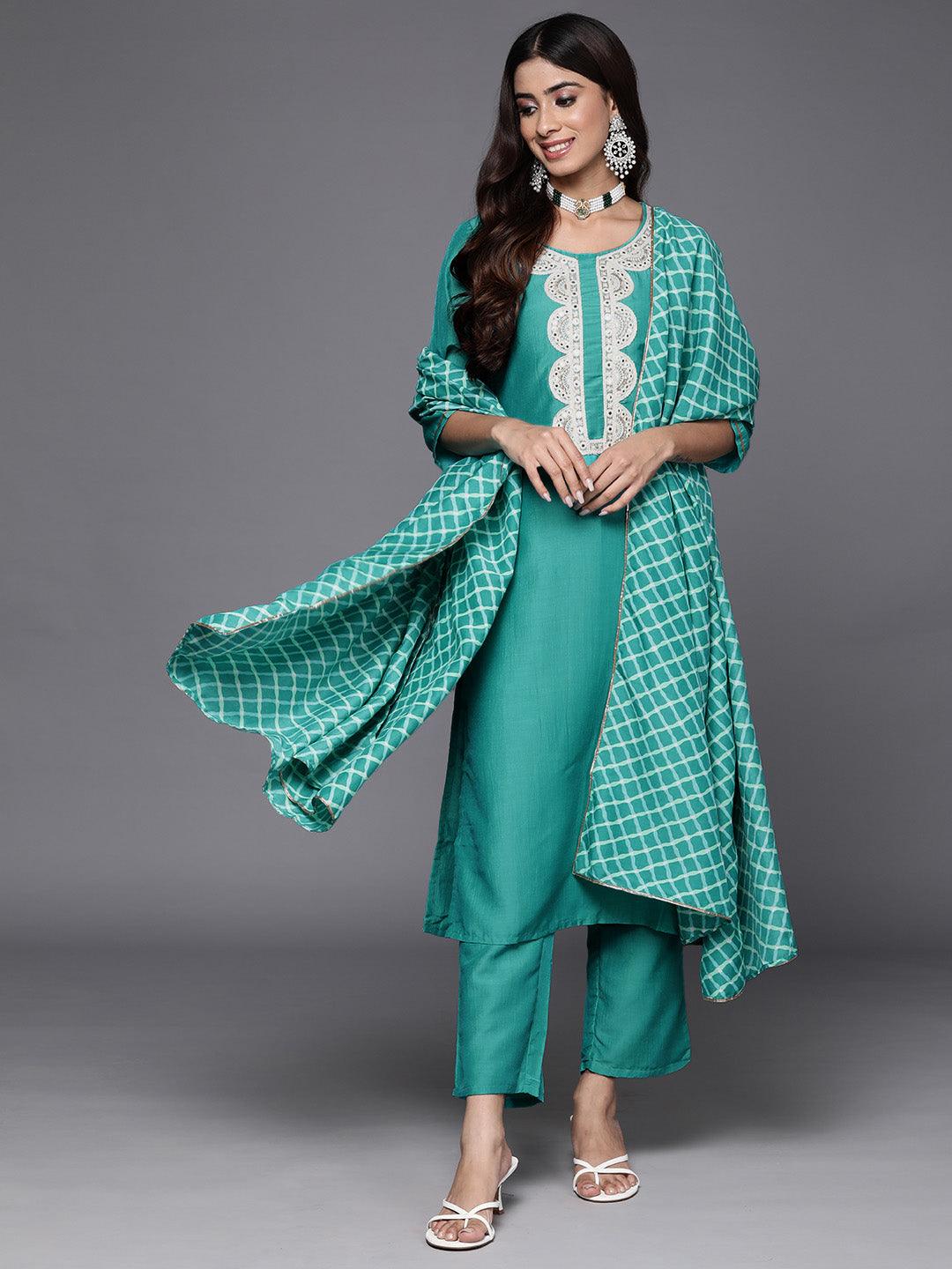 Rama Green Yoke Design Silk Blend Straight Kurta With Trousers & Dupatta - Libas