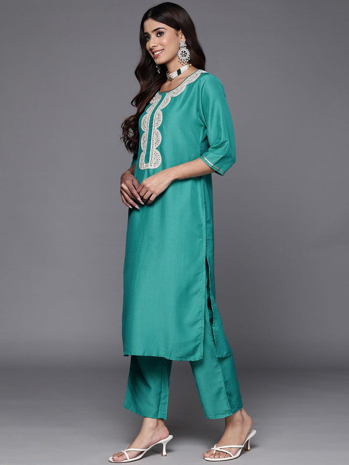 Rama Green Yoke Design Silk Blend Straight Kurta With Trousers & Dupatta - Libas