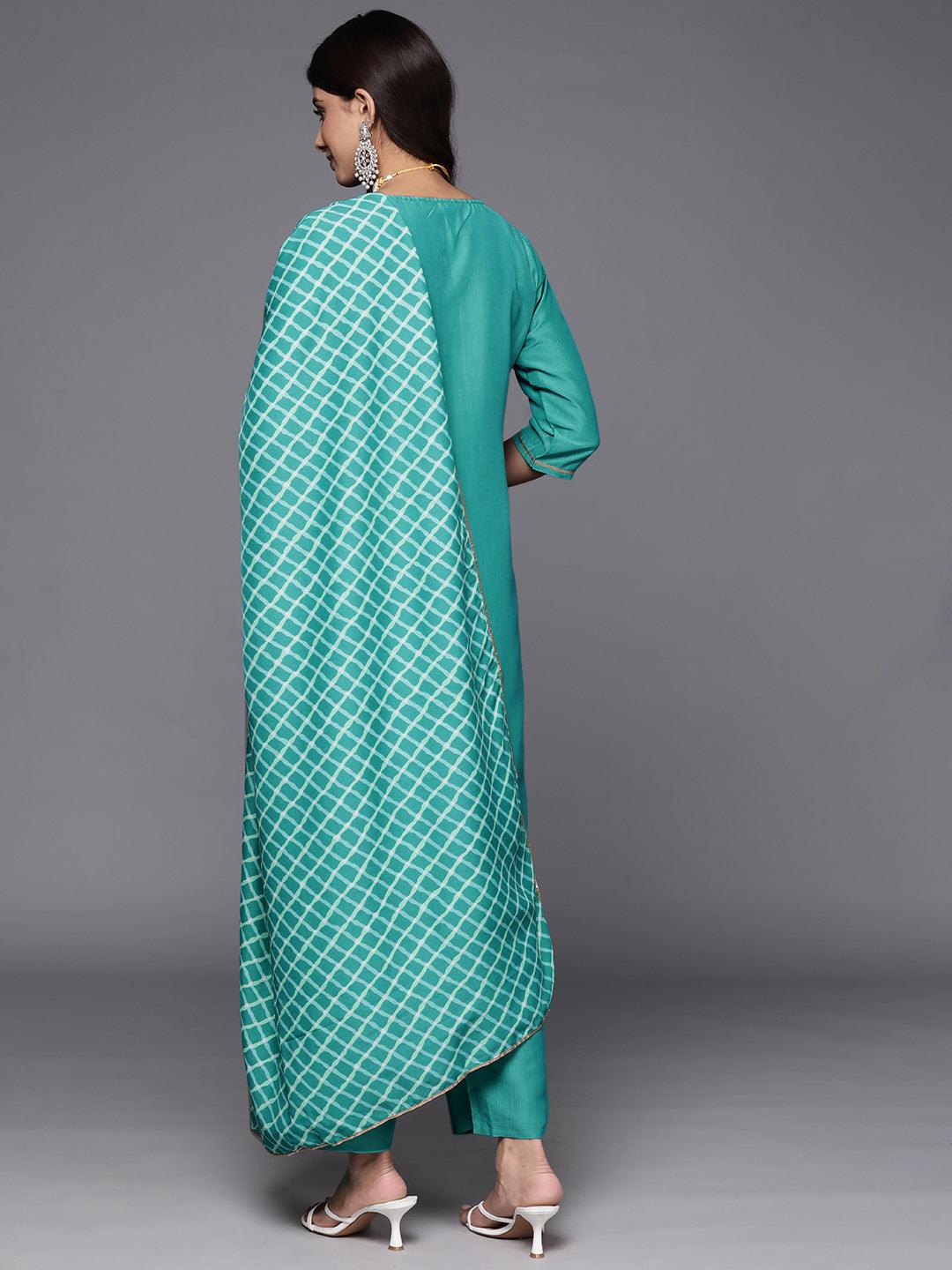 Rama Green Yoke Design Silk Blend Straight Kurta With Trousers & Dupatta - Libas