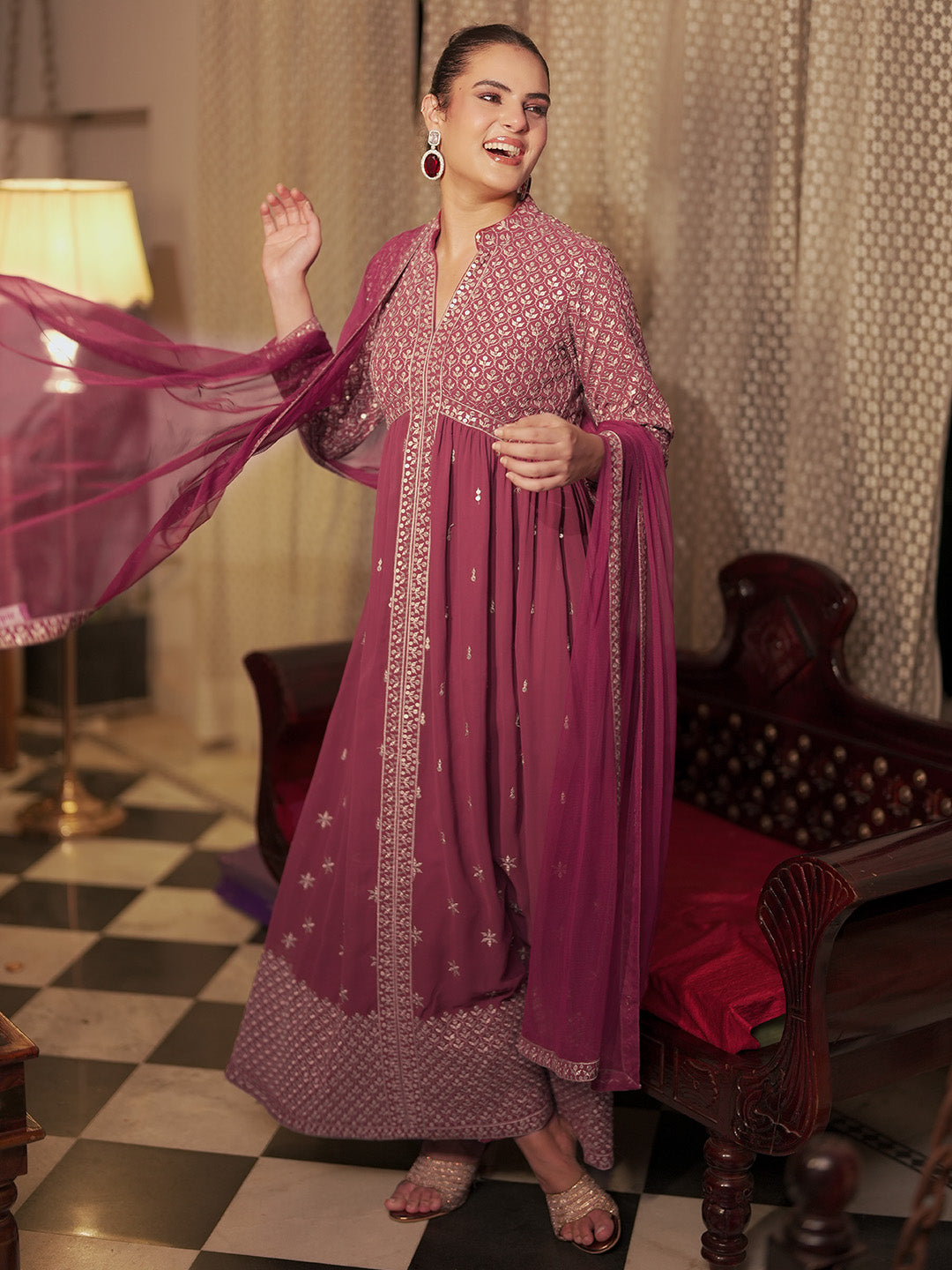 Chandni Mauve Embroidered Georgette A-Line Kurta With Trousers & Dupatta