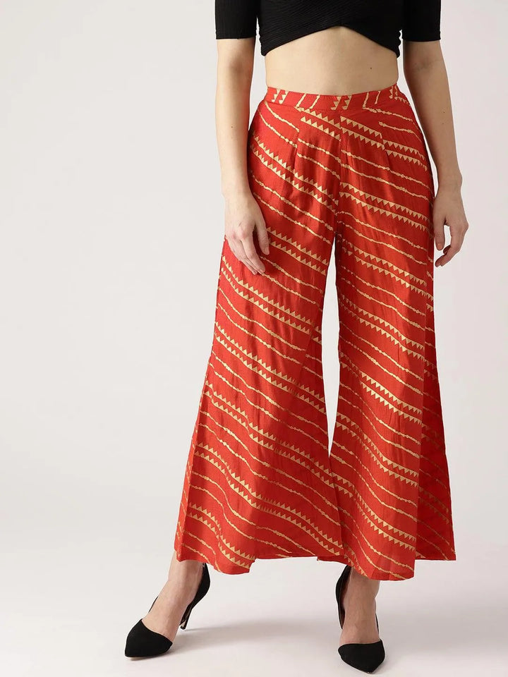 Red Abstract Polyester Palazzos - Libas