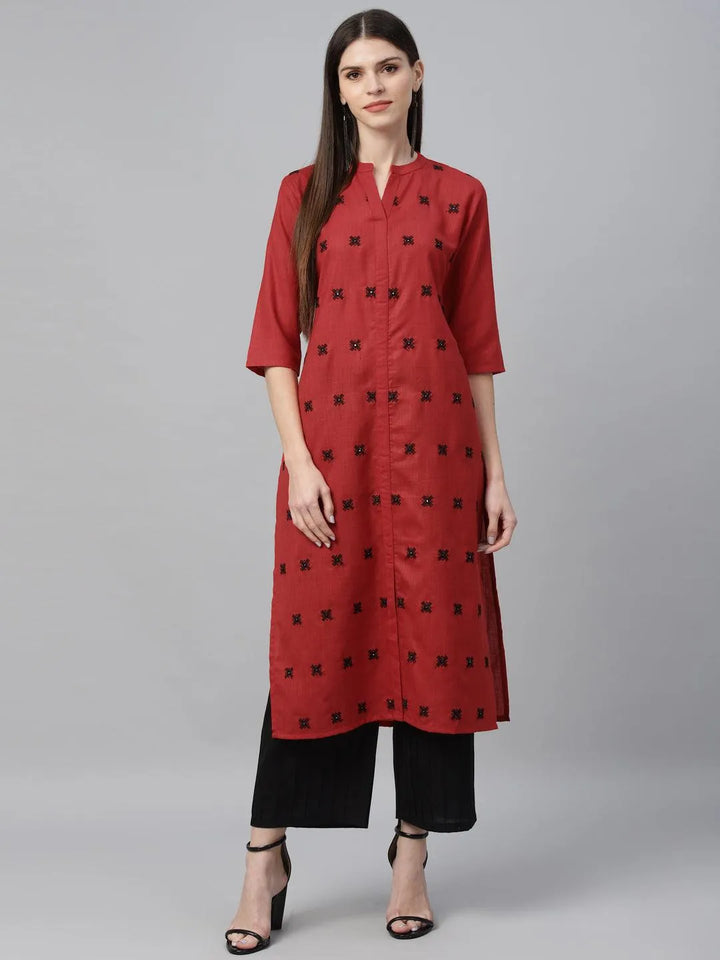 Red Embroidered Cotton Kurta - Libas