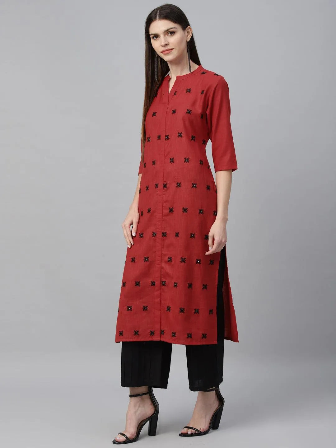 Red Embroidered Cotton Kurta - Libas