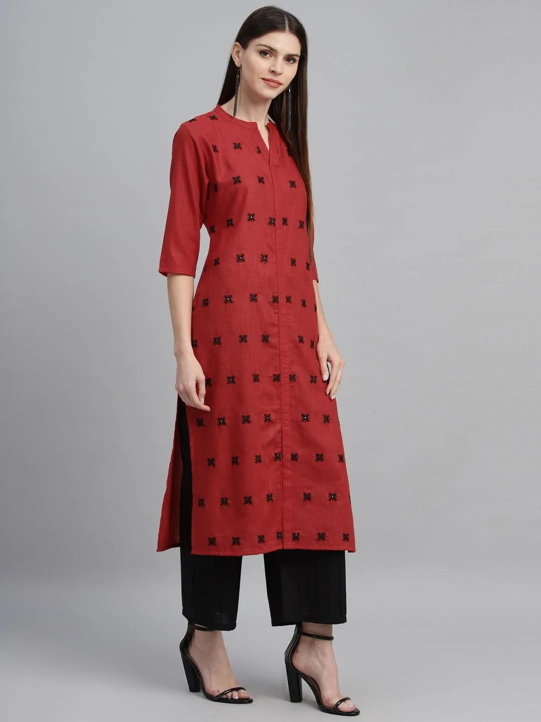 Red Embroidered Cotton Kurta - Libas