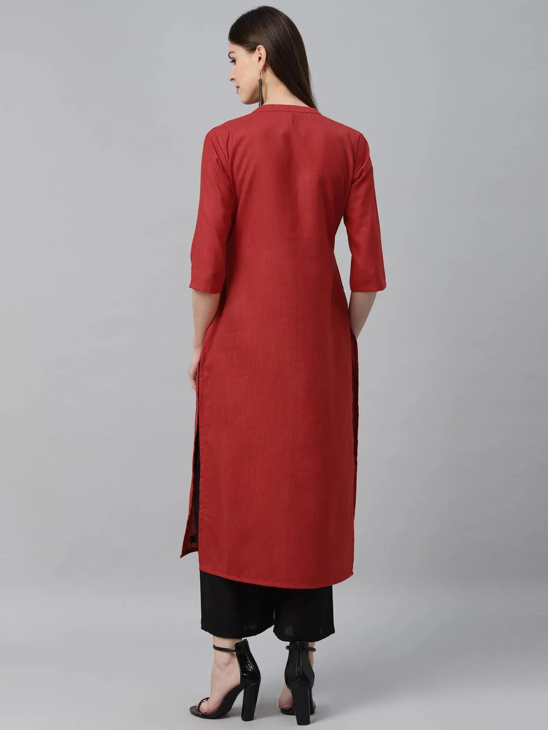 Red Embroidered Cotton Kurta - Libas