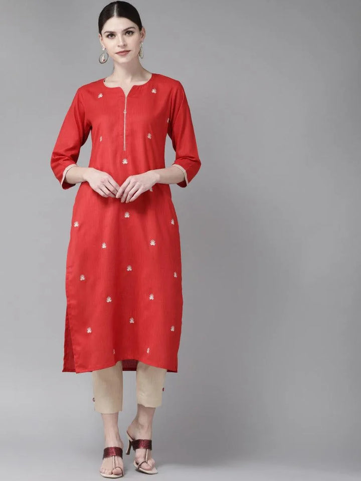 Red Embroidered Cotton Kurta Set - Libas