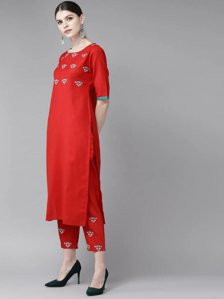 Red Embroidered Cotton Kurta Set - Libas