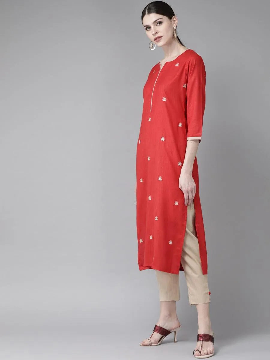 Red Embroidered Cotton Kurta Set - Libas