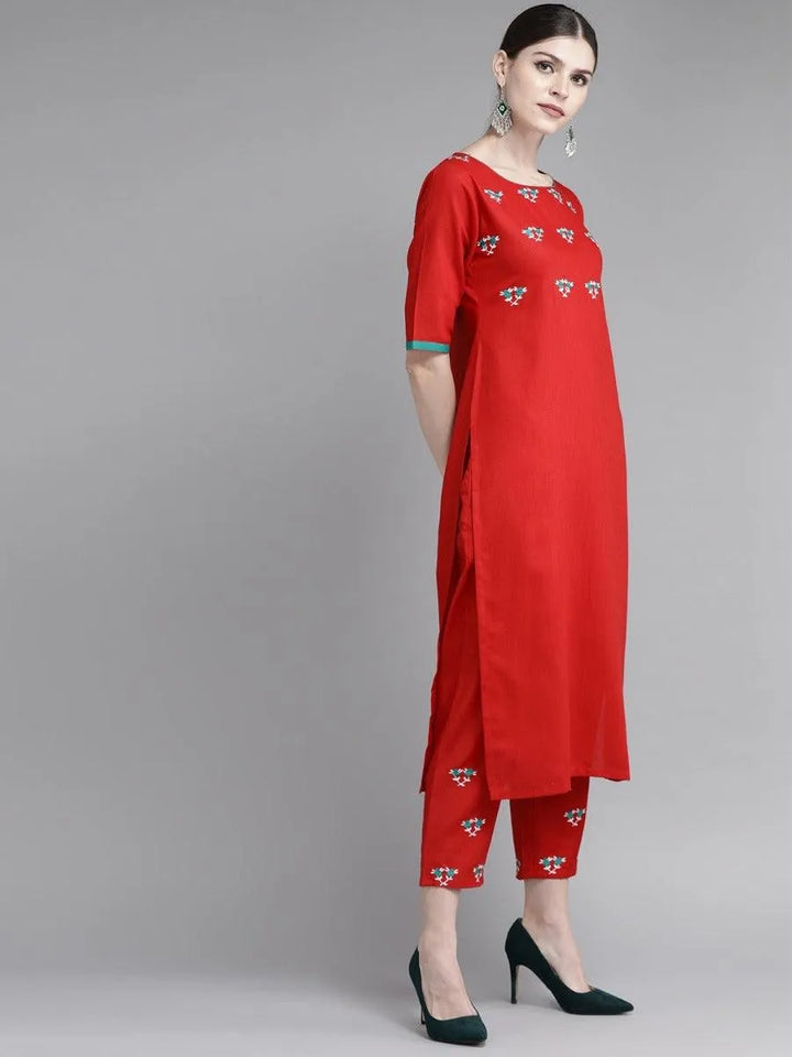 Red Embroidered Cotton Kurta Set - Libas