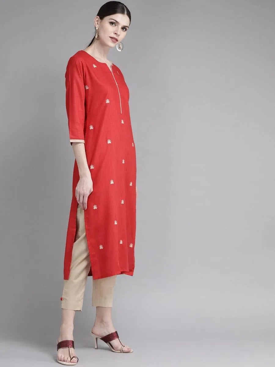 Red Embroidered Cotton Kurta Set - Libas 