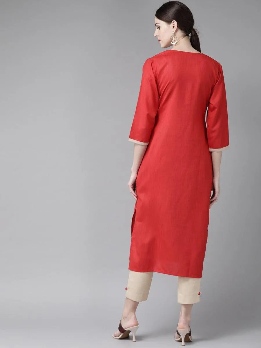 Red Embroidered Cotton Kurta Set - Libas 