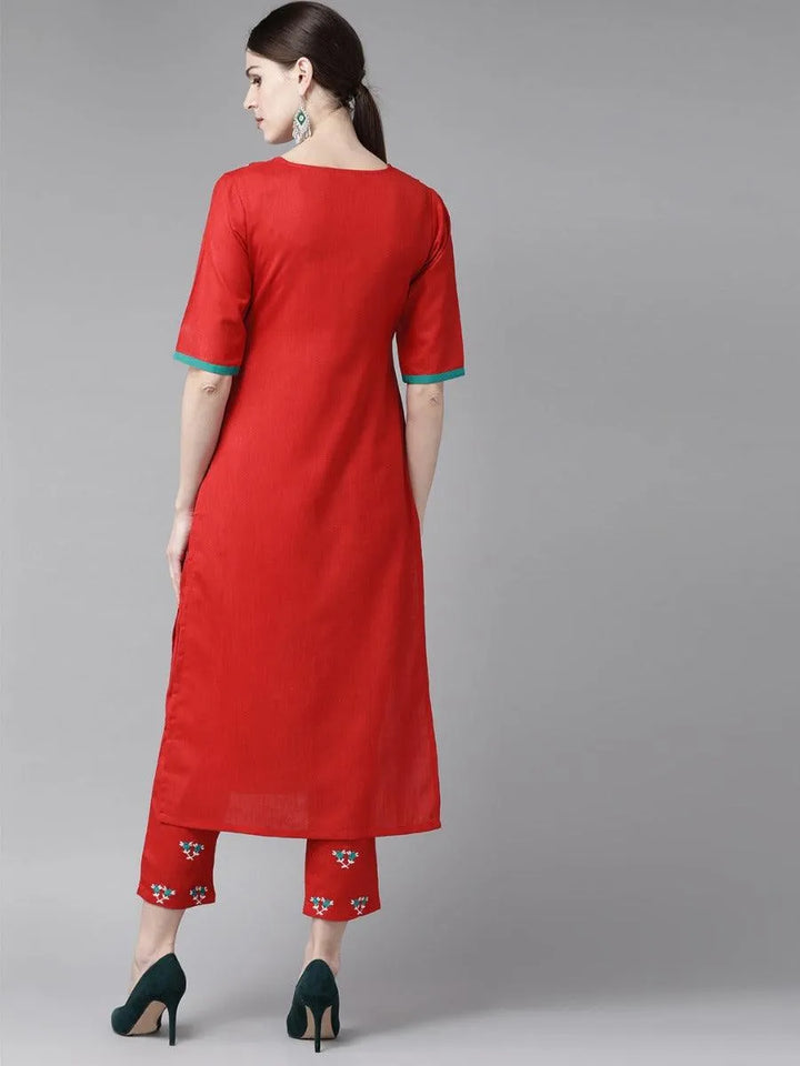 Red Embroidered Cotton Kurta Set - Libas