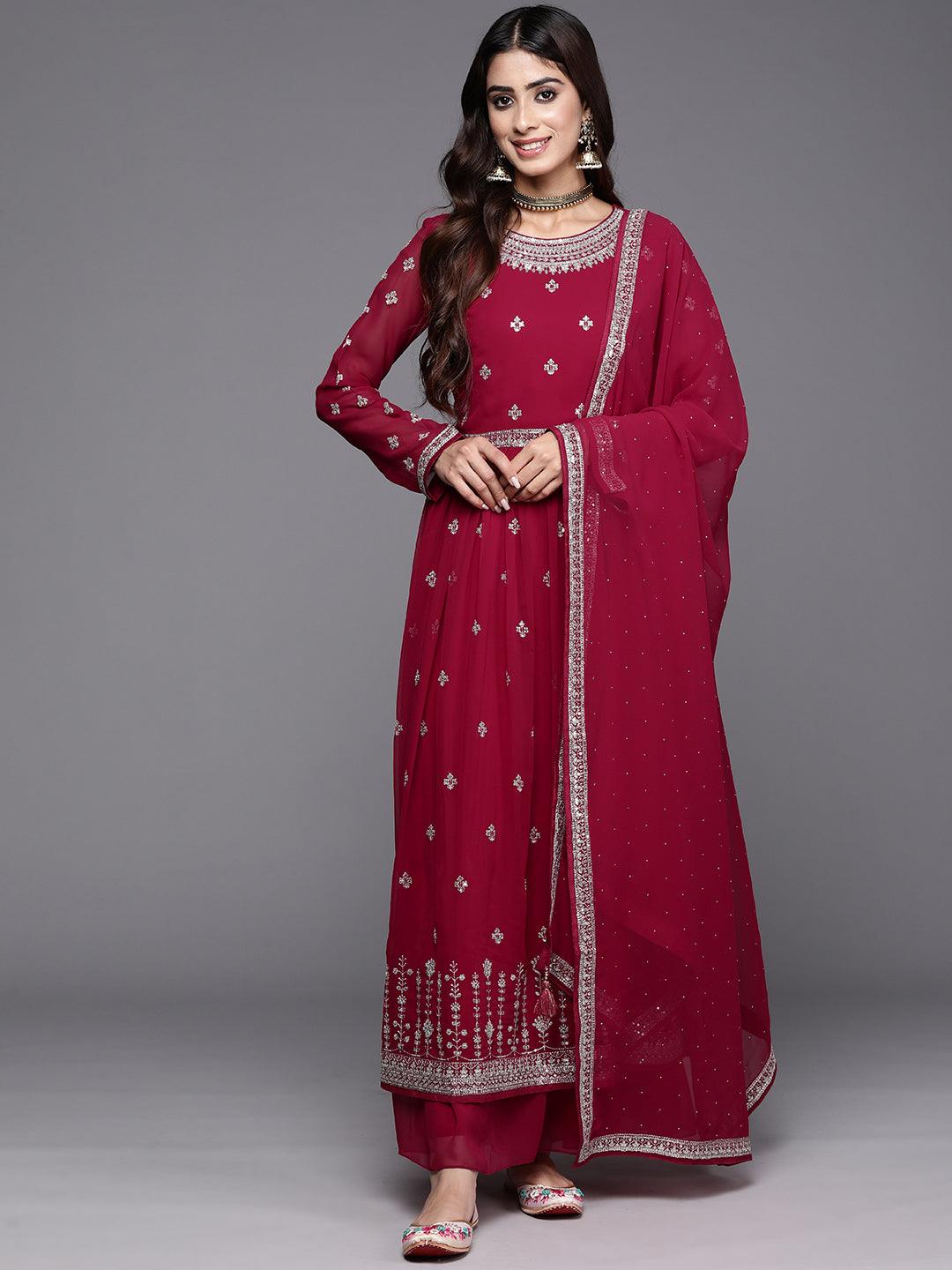 Red Embroidered Georgette A-Line Kurta With Palazzos & Dupatta - Libas