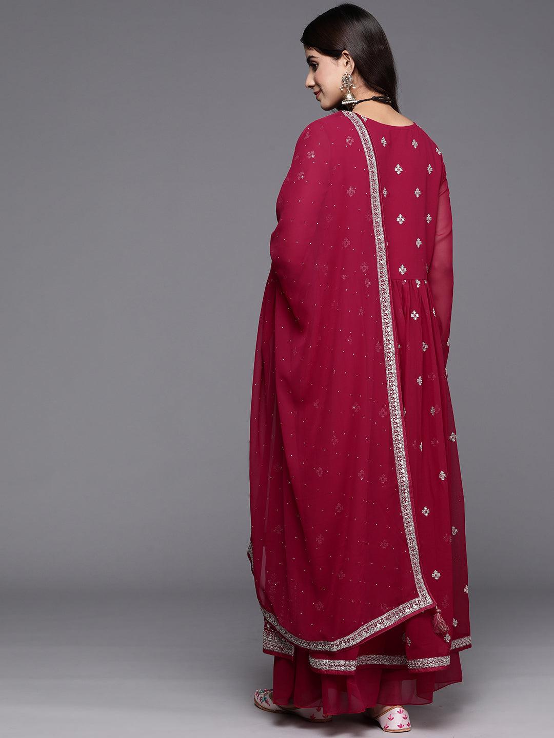 Red Embroidered Georgette A-Line Kurta With Palazzos & Dupatta - Libas