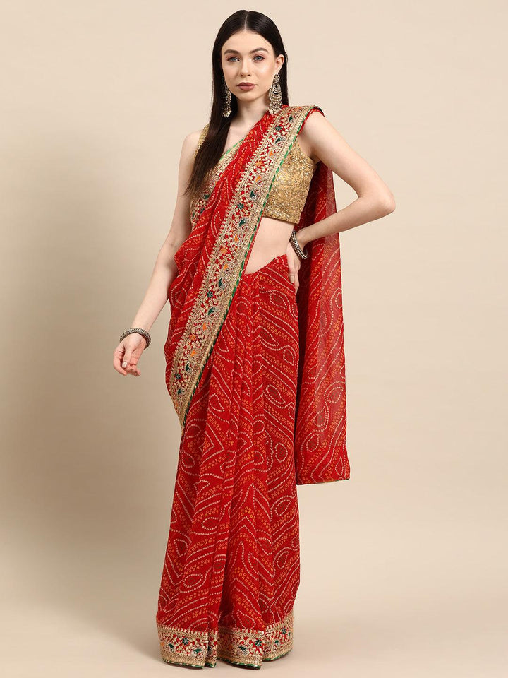 Red Embroidered Georgette Saree - Libas