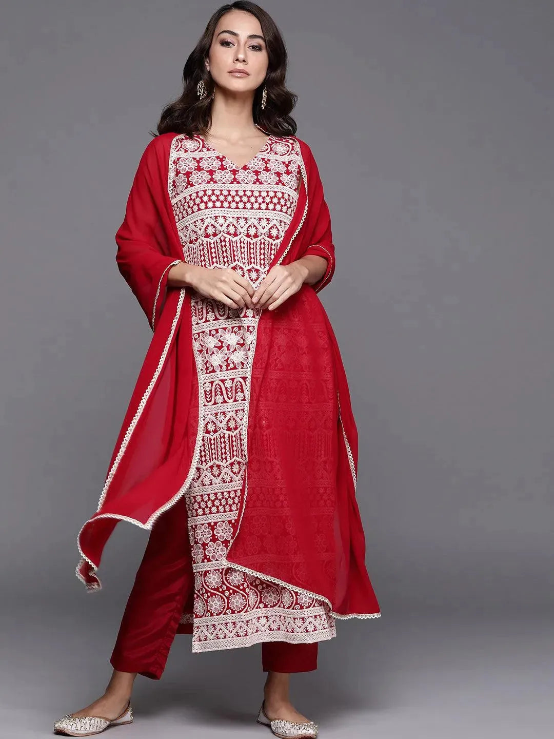 

Buy Red Embroidered Georgette Suit Set - 20073O- | Libas Ethnic Wear Online