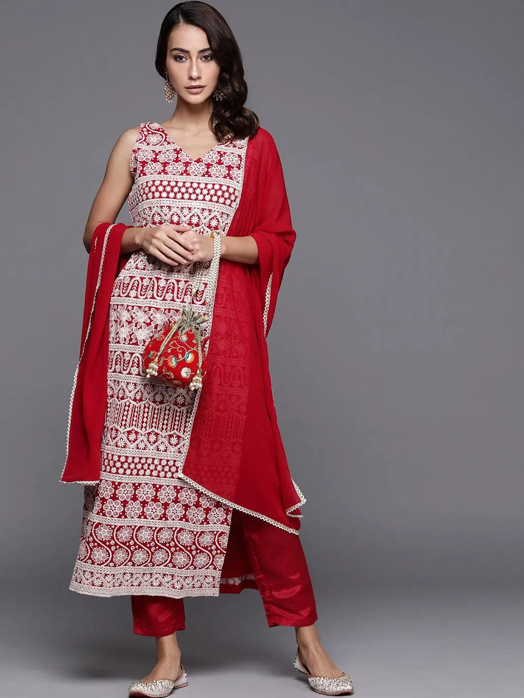 Red Embroidered Georgette Suit Set - Libas 