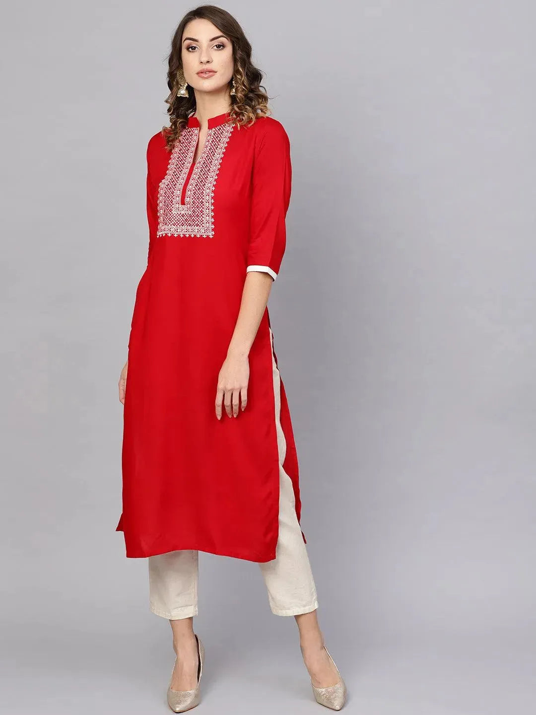 

Buy Red Embroidered Rayon Kurta -8620- | Libas Ethnic Wear Online