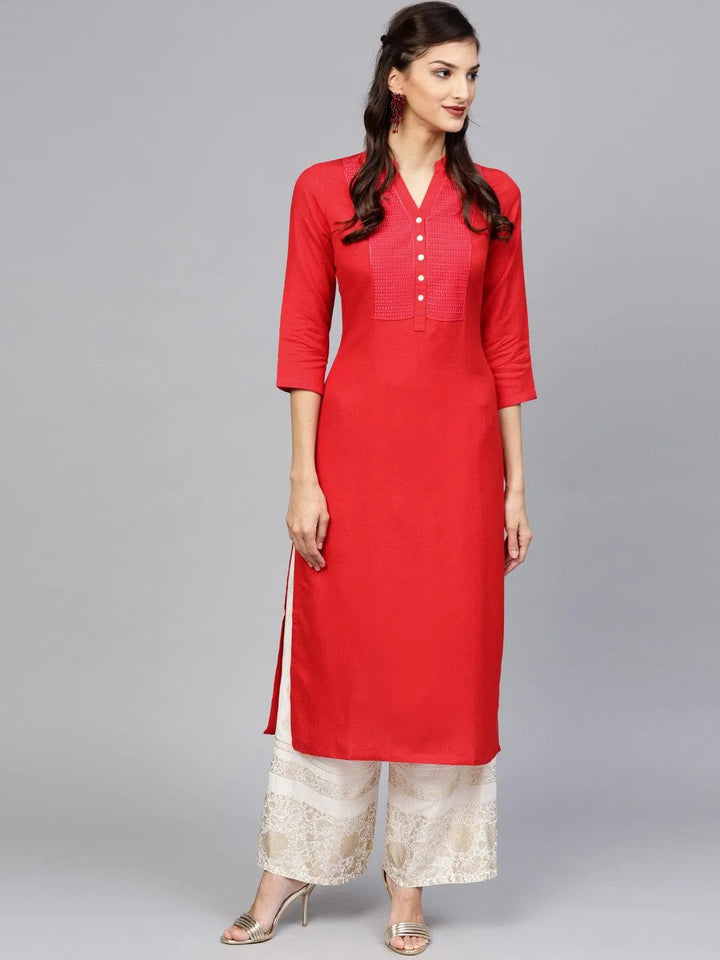 Red Embroidered Rayon Kurta - Libas