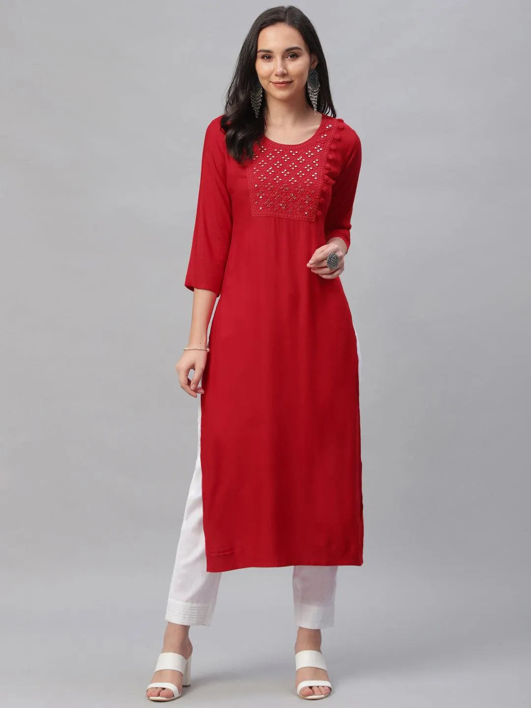 Red Embroidered Rayon Kurta - Libas