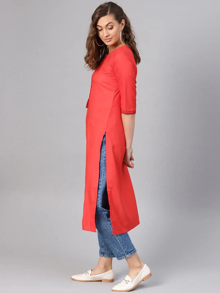 Red Embroidered Rayon Kurta - Libas