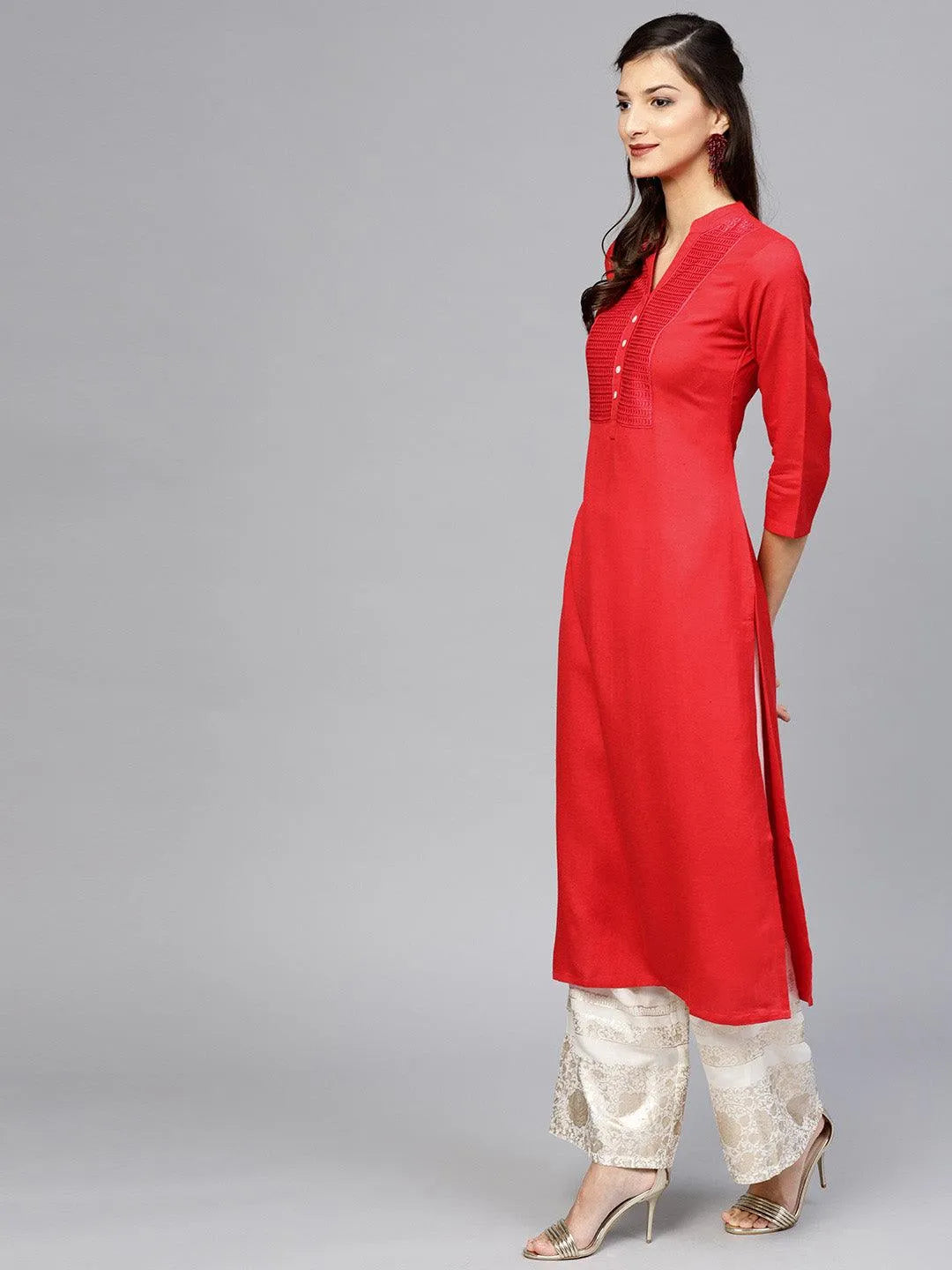 Red Embroidered Rayon Kurta - Libas