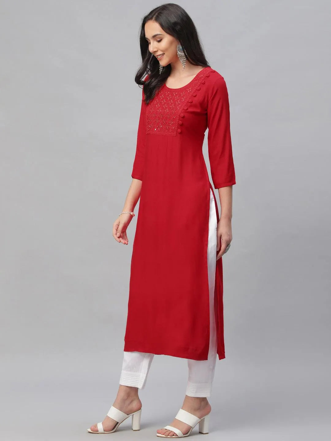 Red Embroidered Rayon Kurta - Libas